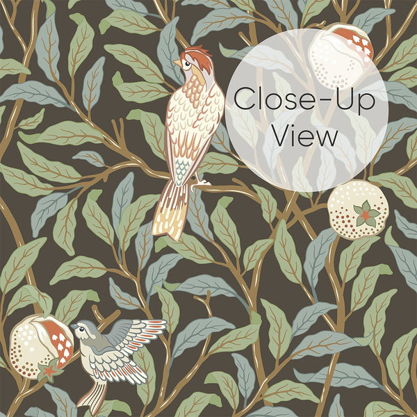 Green Bird & Pomegranate by Morris Wallpaper W085 - CostaCover - Peel and stick Removable Wallpaper - abstract floral - abstract wall art - abstract wallpaper