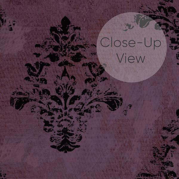 Close up of moody dark purple wallpaper with black damask floral motifs and an aged textured effect, ideal for a gothic bedroom, powder room or accent wall.