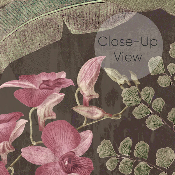 Close up of Dark botanical wallpaper featuring green tropical birds, layered jungle leaves and muted floral details for a dramatic bedroom or living room wall.