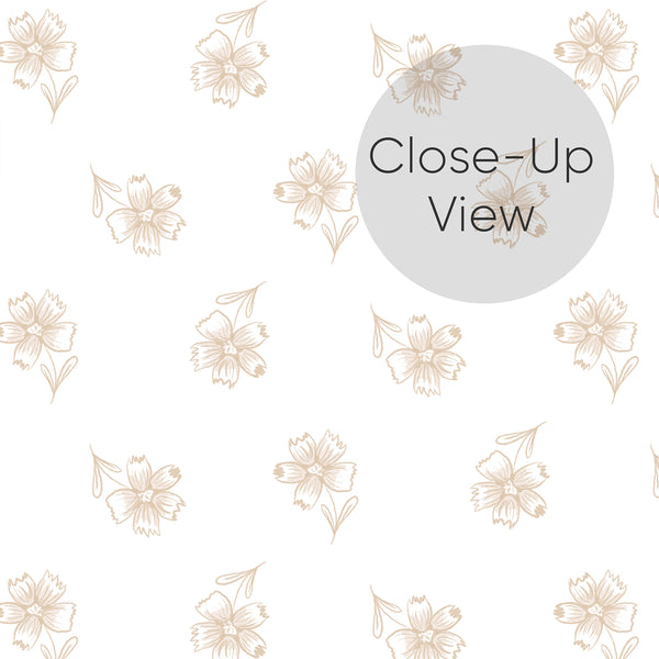 Close up of neutral beige floral wallpaper with a simple repeating pattern of delicate flowers on a white background, perfect for nursery and bedroom wall decor.