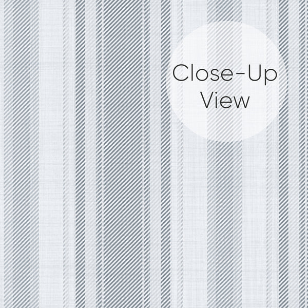Close up of English country wallpaper featuring delicate blue gray woven stripes with a subtle textile-inspired pattern, perfect for classic cottage bedrooms and living rooms.