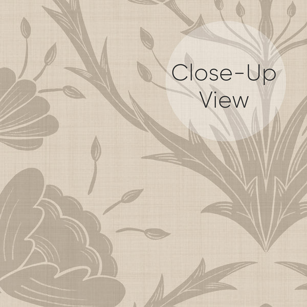 Vertical columns of taupe floral motifs, providing a vintage look suitable for cottagecore or heritage interiors. This pre-pasted wallpaper offers a temporary decor solution with easy application, perfect for enhancing bedrooms or cozy living spaces.
