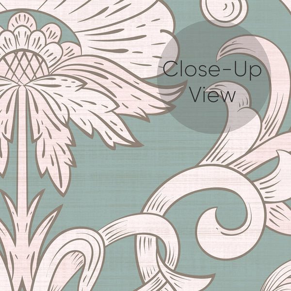 Romantic damask wallpaper with blush-cream motifs on a muted teal background, offering a classic touch for elegant bedrooms or dining areas.
