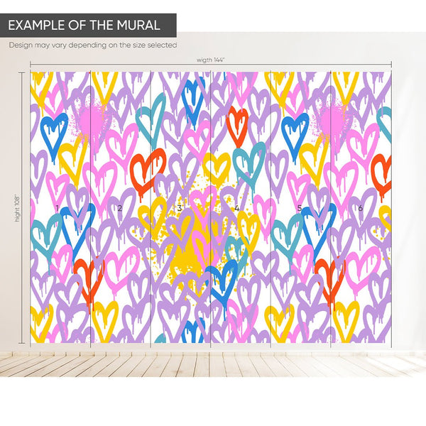 Colorful Graffiti Hearts Wall Mural WM046 - CostaCover - Peel and stick Removable Wallpaper - Abstract - abstract lines - abstract wall art