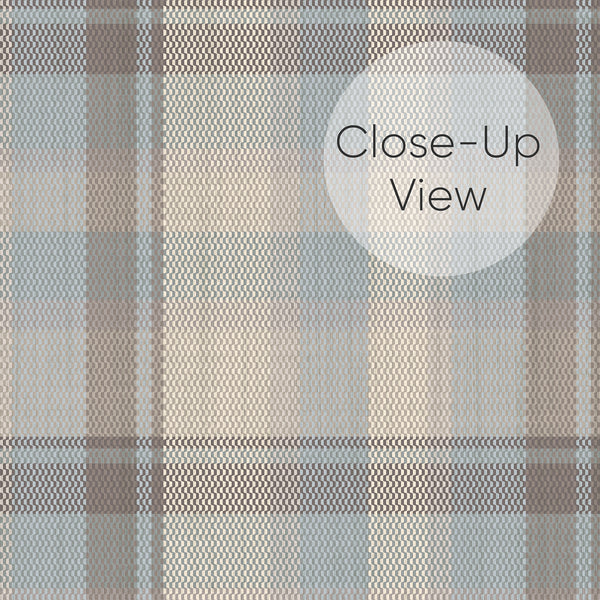Close up of Neutral tartan wallpaper in dusty blue, beige, and taupe tones with intersecting checkered stripes and a subtle woven-inspired geometric appearance.