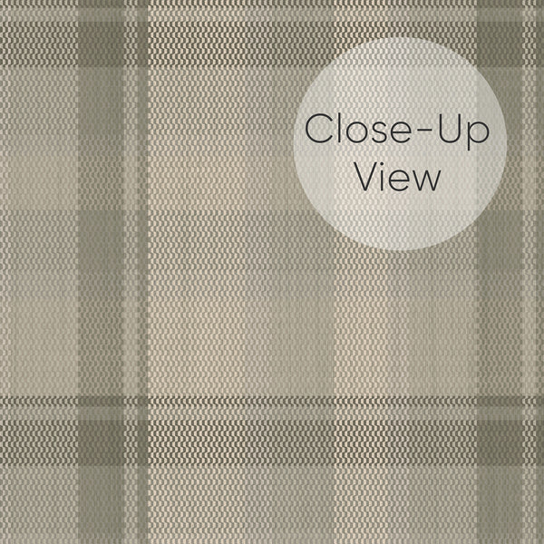 Close up of Neutral sage green plaid wallpaper in muted green and beige tones with a classic check pattern, ideal for cottage-style bedrooms and cozy living rooms.