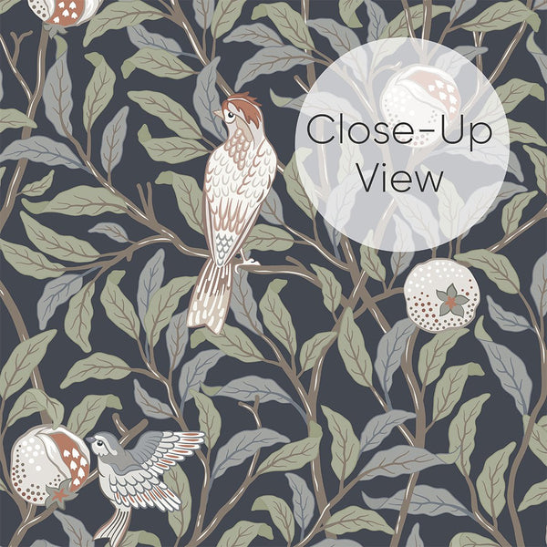 Blue Bird & Pomegranate by Morris Wallpaper W086 - CostaCover - Peel and stick Removable Wallpaper - abstract floral - abstract wall art - abstract wallpaper