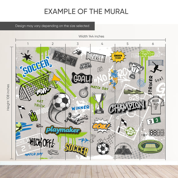 Vibrant soccer graffiti collage mural with bold colors and sketchy illustrations, perfect for sports-themed bedrooms. The flat vinyl surface mimics spray and stencil texture, offering a temporary decor solution that is easy to apply and reposition.