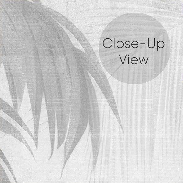 Close up of Light gray botanical wallpaper featuring tall palm trees, feathery leaves and subtle tropical vegetation in a soft monochromatic neutral palette.