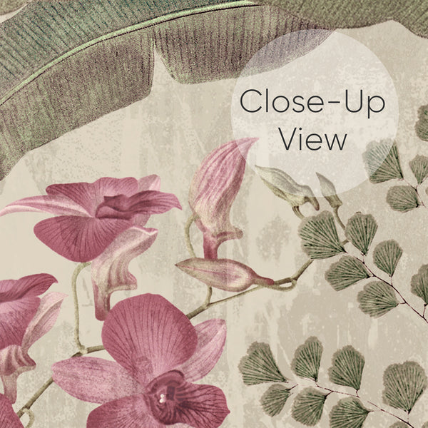 Close up of green and pink jungle wallpaper with parrots, tropical leaves, orchids and delicate botanical details for a vintage living room accent wall.