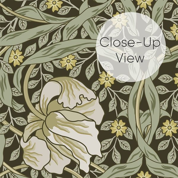 Deep olive-charcoal wallpaper with floral medallions, perfect for creating a feature wall in vintage-themed interiors.