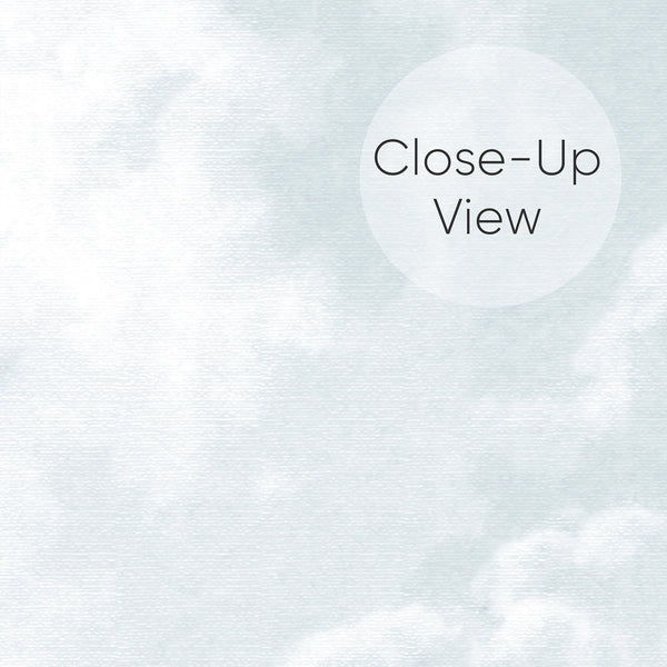Close up of light blue sky wall mural featuring layered fluffy clouds in soft neutral shades, creating a dreamy atmosphere for nursery or bedroom decor.