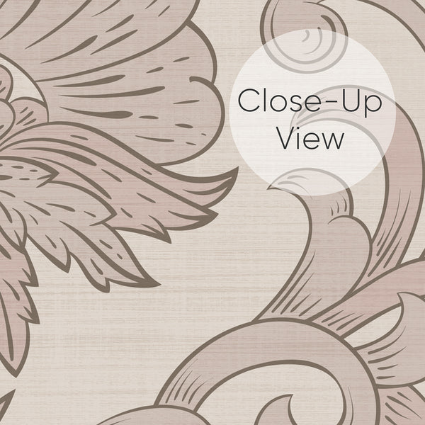 Ornate floral damask wallpaper with curling scrollwork, adding elegance to master bedrooms. The warm taupe-beige outlines and dusty rose accents offer a vintage feel, complementing French country and shabby chic styles.