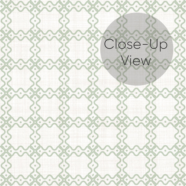 Close up of sage green and white trellis wallpaper with a repeating geometric pattern and soft textured background for modern and neutral home interiors.