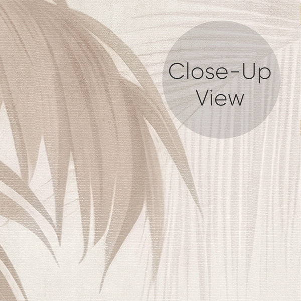 Close up of Beige botanical wallpaper featuring tall palm trees, feathery leaves and subtle tropical vegetation in a soft neutral monochrome palette.