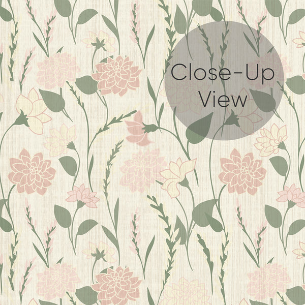 Close up of sage green floral wallpaper with soft pink blossoms and flowing botanical stems, creating a delicate garden-inspired pattern for bedroom wall decor.