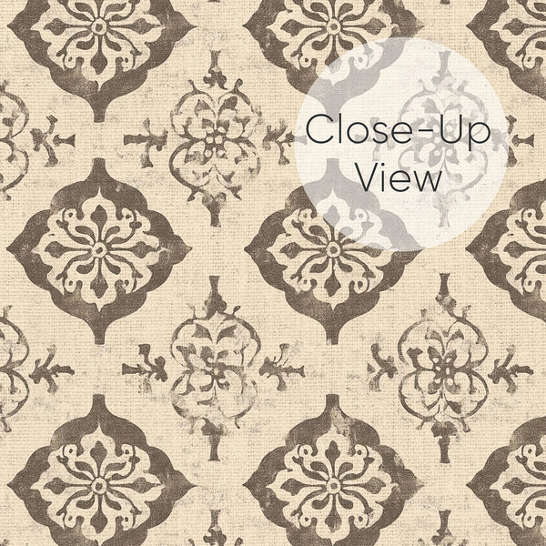 Damask wallpaper with warm taupe medallions on a neutral beige background, enhancing traditional or rustic interiors. Self-adhesive, temporary wallpaper for renters.