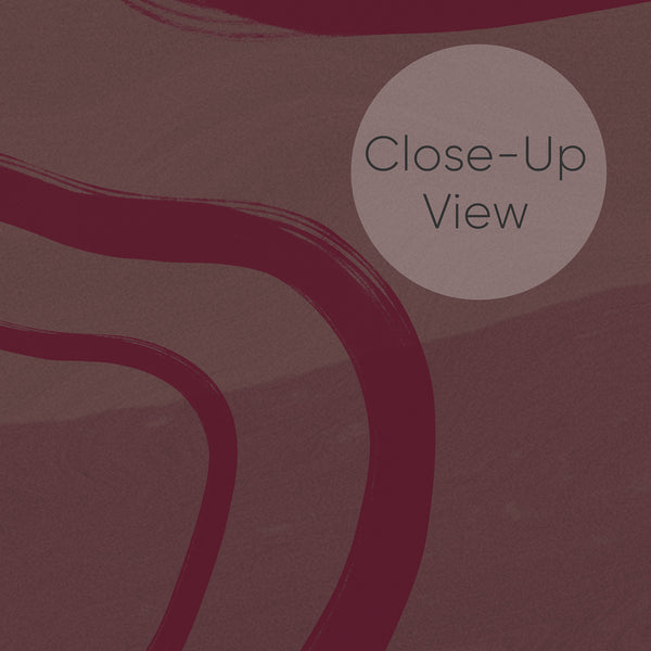 Close up of dusty mauve abstract wallpaper featuring bold burgundy curved lines and layered tonal shapes for a sophisticated modern bedroom or living room.