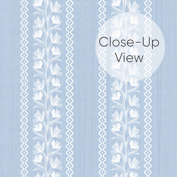 Close up of vintage inspired blue botanical stripe wall mural with delicate floral pattern adds a calm cottage style atmosphere to bedrooms, nurseries, entryways, and reading nooks.