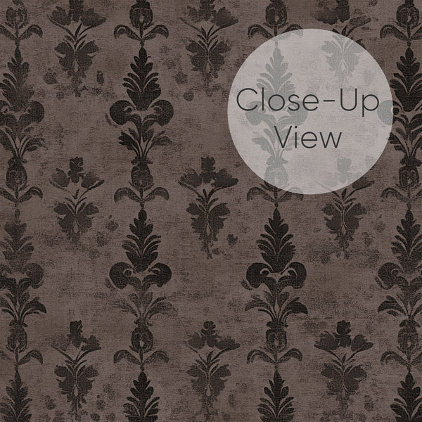 Dark brown damask wallpaper on a textured mid-brown background, offering a classic decor style for dining rooms or living rooms. The compact pattern adds drama and richness to any space.