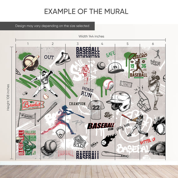 Urban baseball graffiti wallpaper featuring sketched players, helmets, and paint drips, ideal for a sports-themed bedroom or game room. The removable wall mural combines dynamic black sketches with green and red accents on a warm concrete background, creating a bold and energetic statement wall.