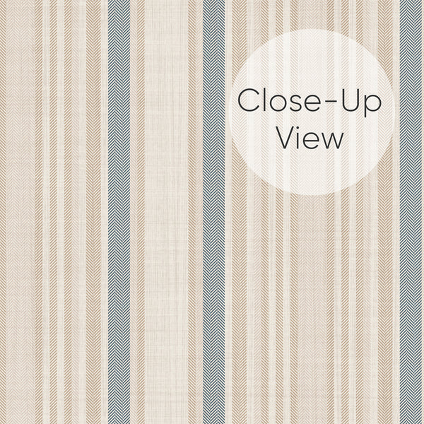 Close up of neutral beige striped wallpaper with soft muted blue accents and fine woven-style detailing, creating a timeless look for farmhouse bedrooms and living rooms.
