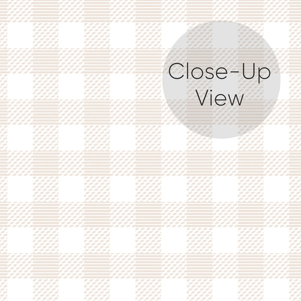 Close up of beige checkered wallpaper featuring a repeating plaid pattern with subtle woven-style lines in warm neutral tones against a crisp white background.