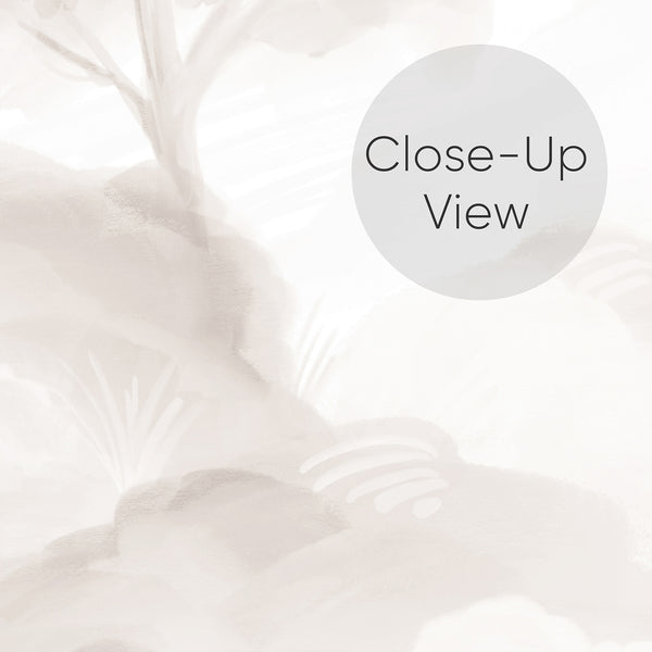 Close up of Beige landscape wallpaper with delicate watercolor trees, soft meadow textures and a light misty background for a serene bedroom accent wall.