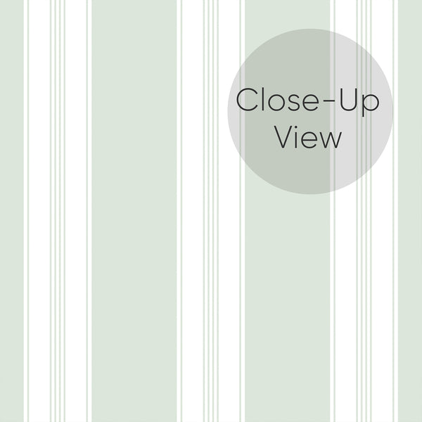 Close up of Light green striped wallpaper with clean white bands and delicate vertical lines, ideal for farmhouse interiors, nursery walls, or modern bedroom decor.