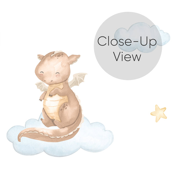 Close up of cute dragon wallpaper featuring a watercolor baby dragon with wings sitting on a blue cloud, surrounded by yellow stars for a kids bedroom.
