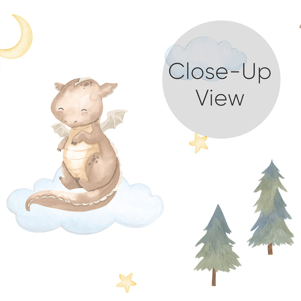 Close up of woodland nursery wallpaper featuring an adorable brown dragon among watercolor evergreen trees, soft blue clouds, stars and a golden crescent moon.