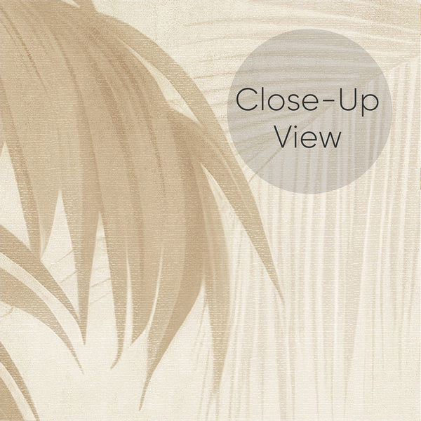 Close up of soft beige botanical wallpaper with tall palm trees, feathery leaves and subtle layered tropical foliage on a warm off-white background.