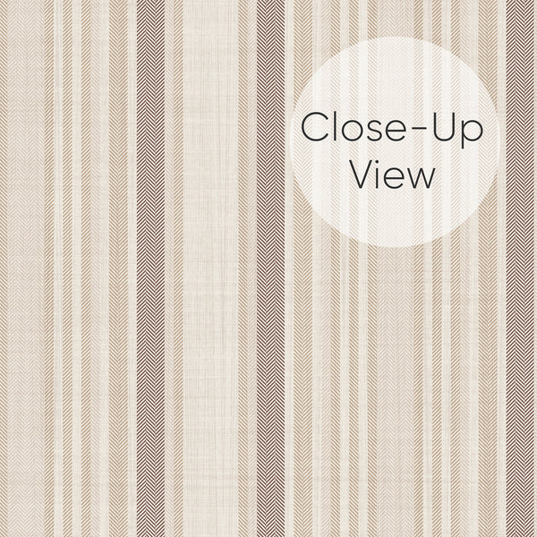 Close up of neutral beige wallpaper with fine brown woven stripes and a delicate textile-inspired pattern, creating a timeless look for farmhouse living room walls.