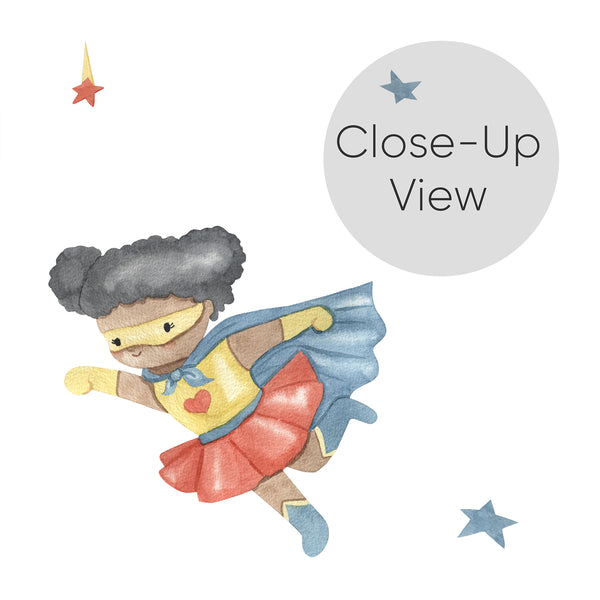 Close up of watercolor superhero wallpaper featuring a flying child in a yellow top, red skirt, blue cape, mask, and colorful stars on white.