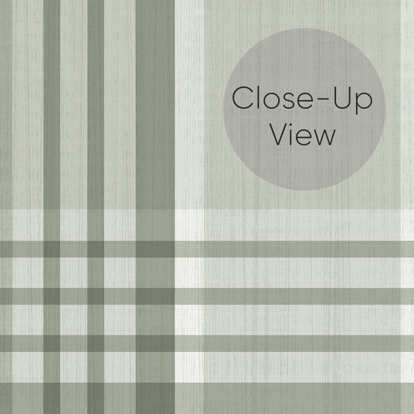 Close up of sage green cottagecore wallpaper featuring a timeless plaid pattern with fine layered stripes, ideal for farmhouse, country, and neutral interiors.