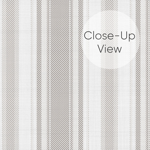 Close up of English country wallpaper featuring fine neutral gray woven stripes with subtle textile-inspired detailing, perfect for classic cottage bedrooms and living rooms.