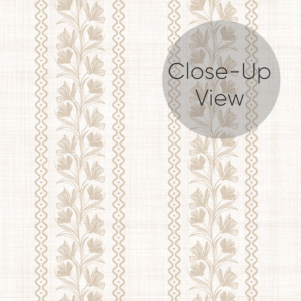 Close up of vintage inspired soft beige botanical stripe wall mural with delicate floral pattern adds a calm cottage style atmosphere to bedrooms, nurseries, entryways, and reading nooks.