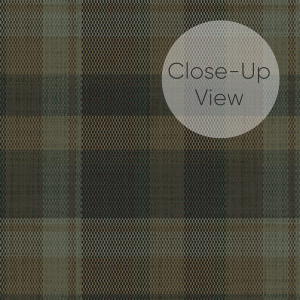 Close up of vintage green checkered wallpaper with deep olive, charcoal, and earthy brown plaid blocks, ideal for a dark academia study or sophisticated home office.