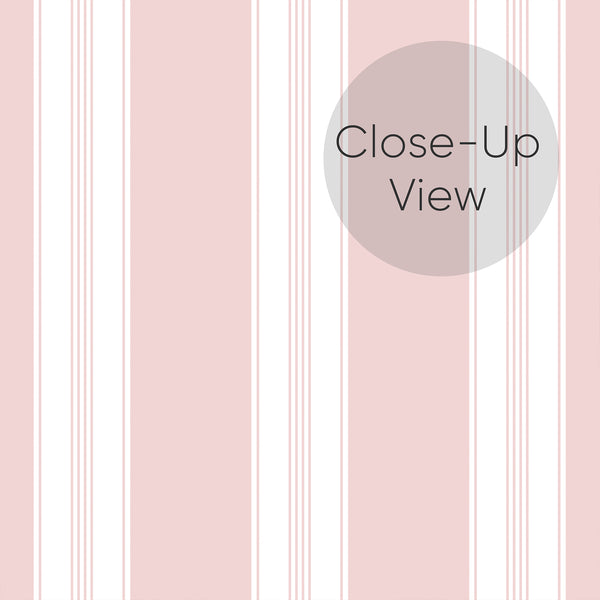 Close up of pink striped wallpaper with clean white bands and delicate vertical lines, ideal for preppy interiors, nursery walls, or charming bedroom decor.