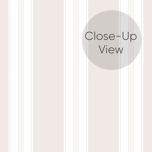 Close up of removable wallpaper featuring soft beige vertical stripes, narrow pinstripe accents, and a clean timeless design for bedrooms and elegant living spaces.