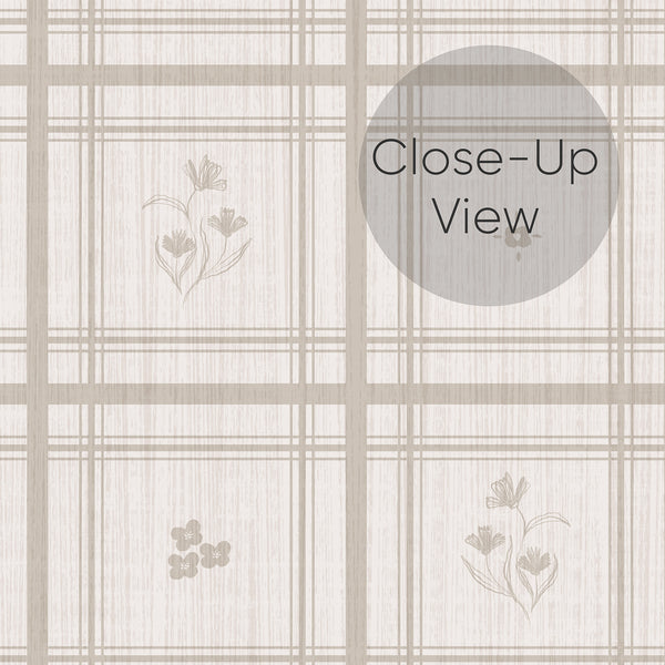 Taupe Greige Plaid Floral Wallpaper L146