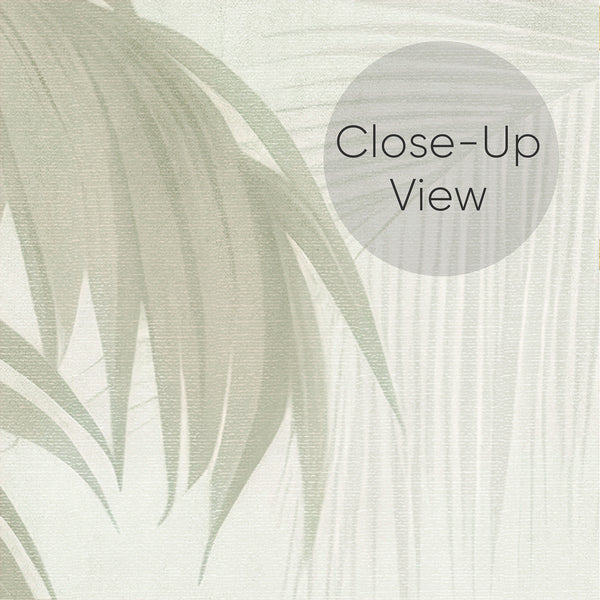 Close up of light green botanical wallpaper featuring tall palm trees, feathery leaves and subtle tropical vegetation in a muted neutral color palette.