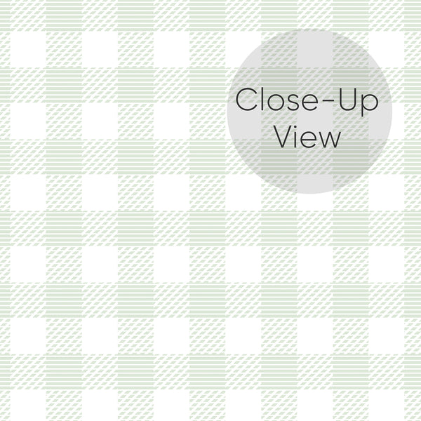 Close up of Sage gingham wallpaper featuring a clean woven-style check pattern in pale green and white for a fresh farmhouse or kids bedroom look.