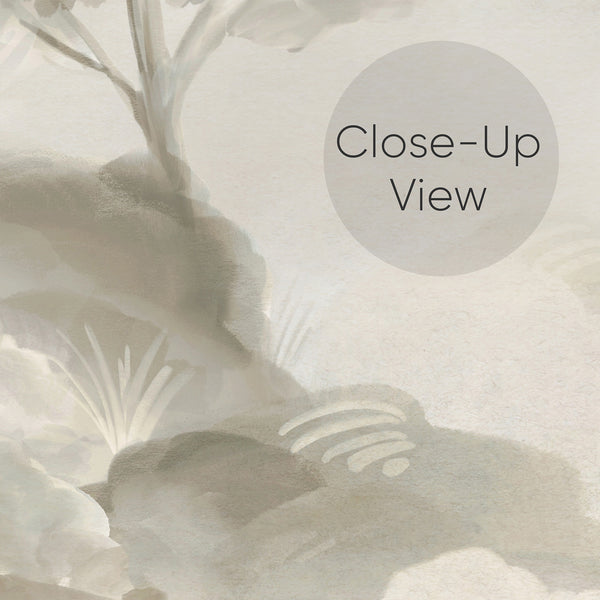 Close up of Beige landscape wallpaper featuring dreamy watercolor trees, soft grasses and misty botanical scenery for a peaceful minimalist bedroom accent wall.