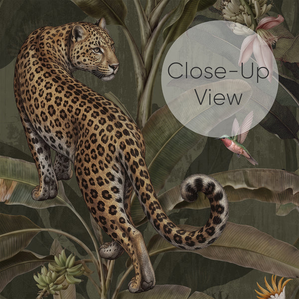 Close up of exotic rainforest wall mural featuring spotted big cats, orange-beaked toucans, white cockatoos and layered jungle foliage in earthy green tones.