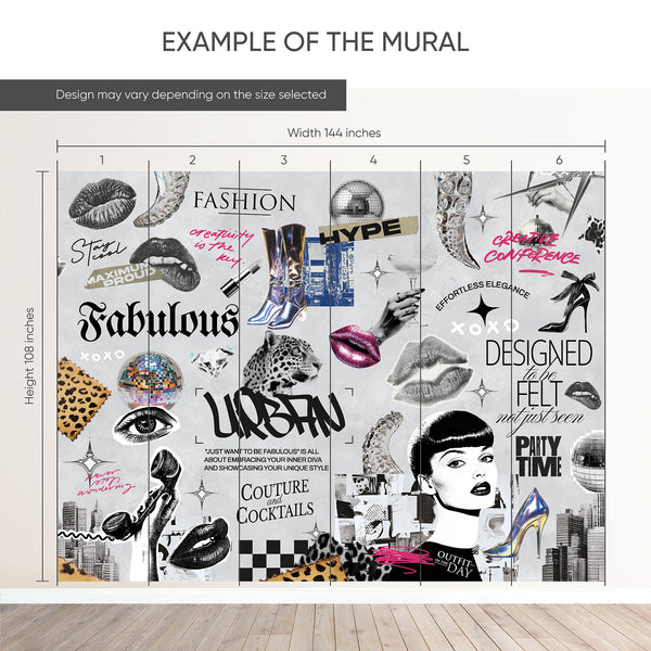 Collage wall mural with disco and graffiti motifs in bold colors, perfect for adding a stylish statement to media rooms or lounges.