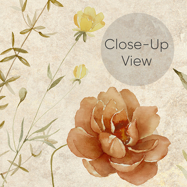 Close up of watercolor wildflower wallpaper in warm beige, rust, cream and muted yellow tones with delicate botanical details for vintage farmhouse interiors. 