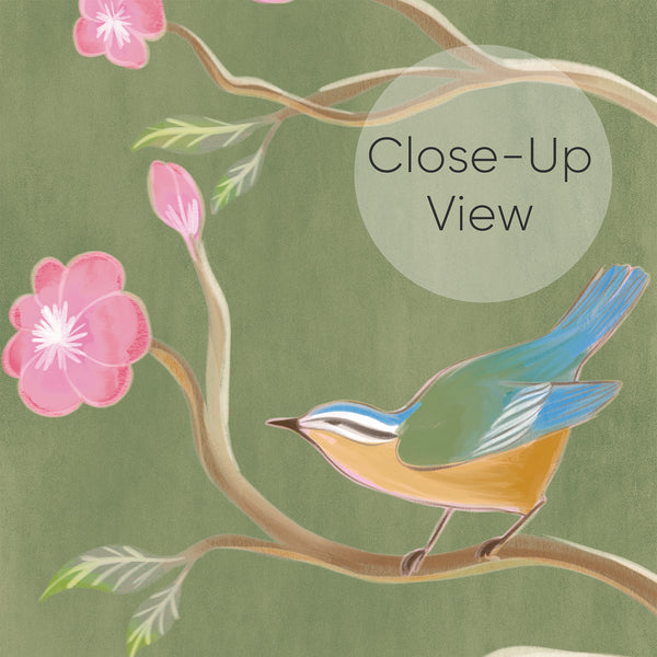 Close up of vintage green botanical wallpaper with graceful herons, flowering branches, small birds and butterflies for an elegant bedroom accent wall.