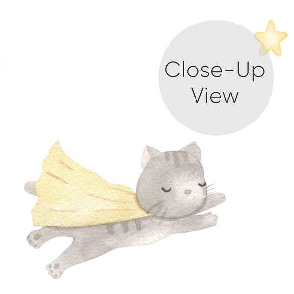 Close up of Superhero nursery wallpaper featuring a whimsical watercolor cat with closed eyes, yellow cape, and soft neutral colors on a white background.