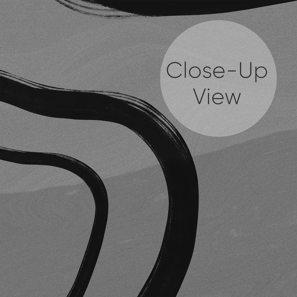 Close up of gray abstract wallpaper featuring dramatic black curved lines and layered neutral tones for a minimalist modern bedroom or living room interior.